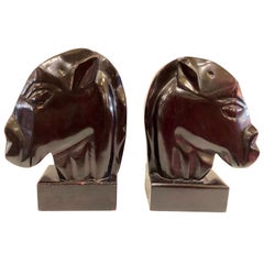 Pair of Art Deco Solid Mahogany Hand Carved Horse Bookends