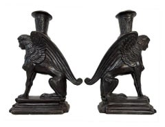 Pair of Art-Deco Iron Sphinx Candleholders