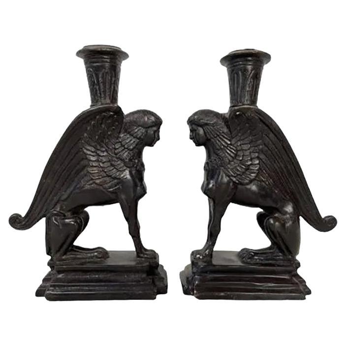 Coppia di portacandele Art Déco Sphinx di Maitland Smith