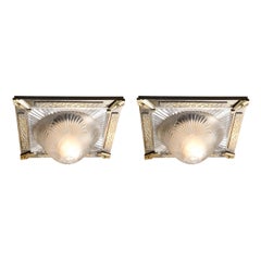 Pair of Art Deco Square  Nickeled Bronze & Glass Flush Mount Chandeliers