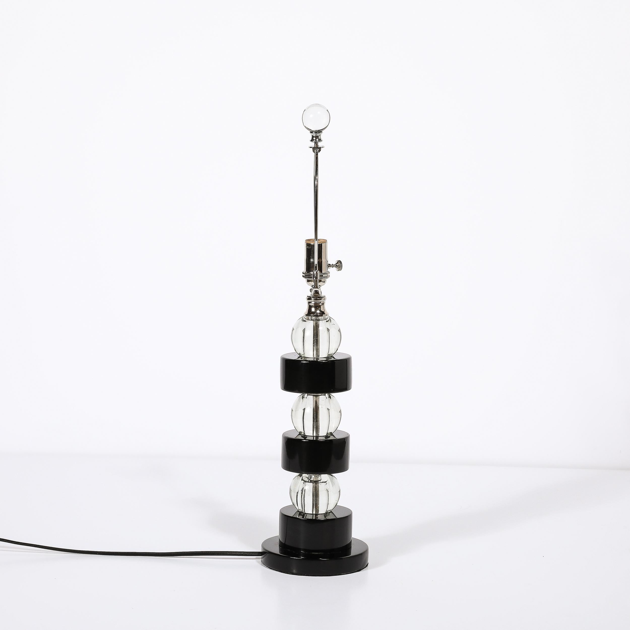 Paar gestapelte Art-Déco-Kugel-Tischlampen aus schwarzem Lack und Glas von Russel Wright, Art déco im Angebot 5