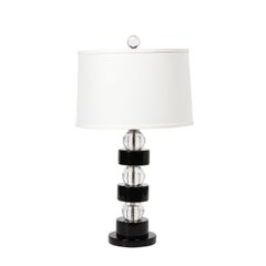 Paar gestapelte Art-Déco-Kugel-Tischlampen aus schwarzem Lack und Glas von Russel Wright, Art déco