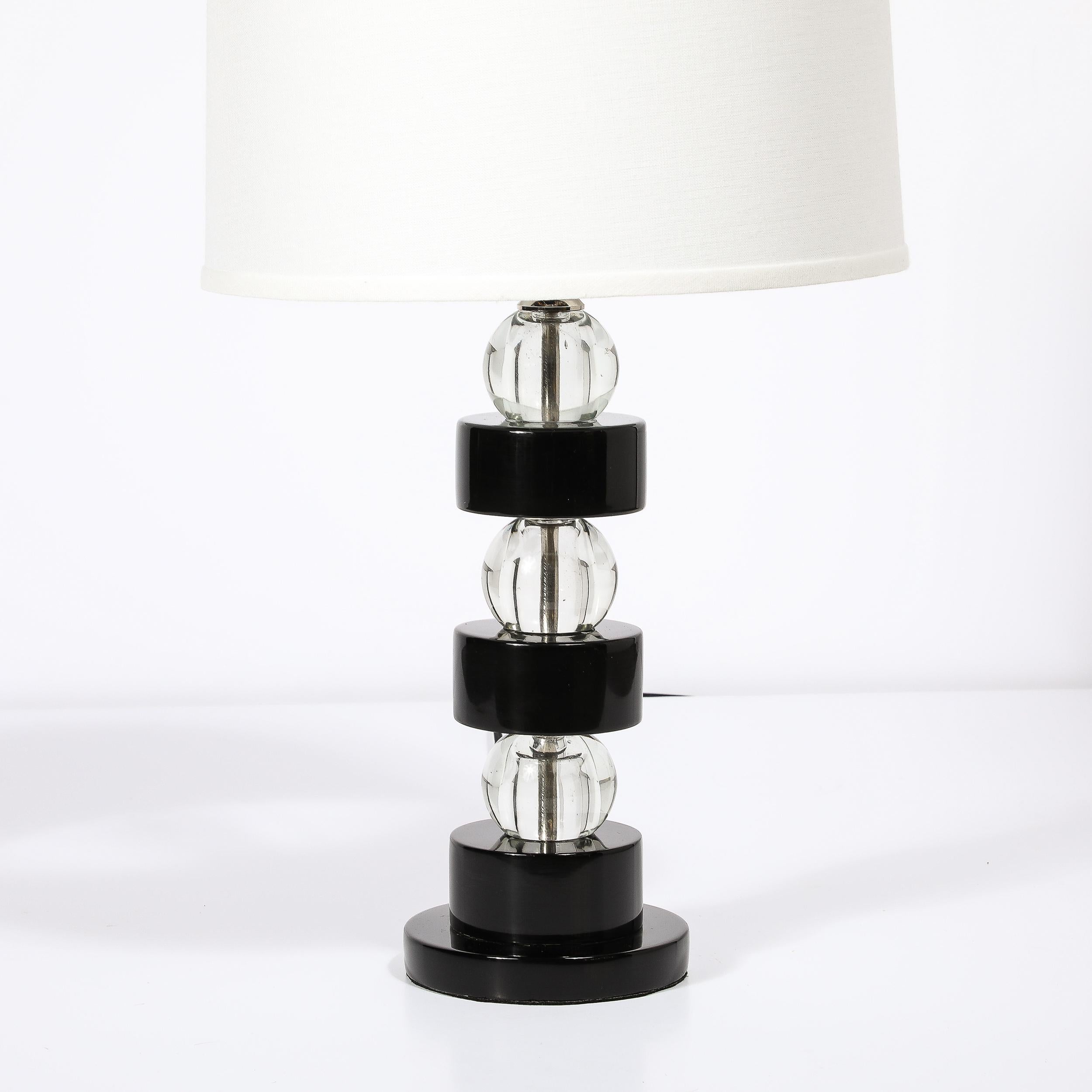 American Pair of Art Deco Stacked Black Lacquer & Glass Ball Table Lamps by Russel Wright For Sale