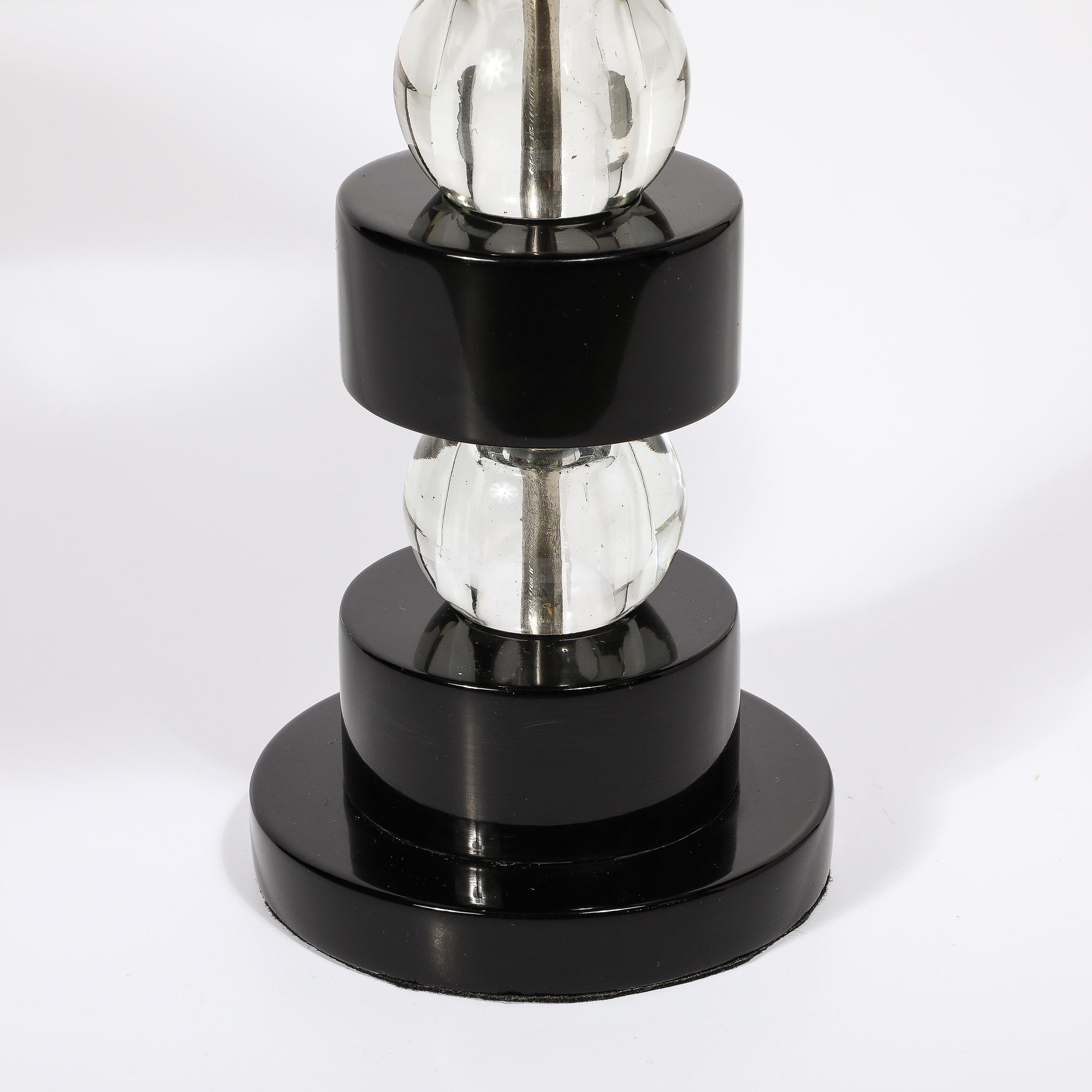 Pair of Art Deco Stacked Black Lacquer & Glass Ball Table Lamps by Russel Wright In Excellent Condition For Sale In New York, NY