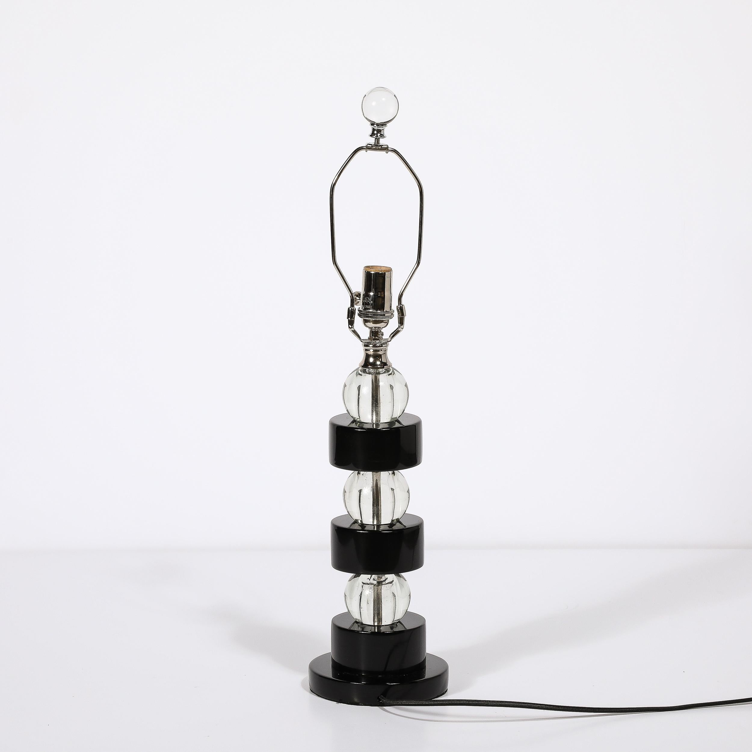 Paar gestapelte Art-Déco-Kugel-Tischlampen aus schwarzem Lack und Glas von Russel Wright, Art déco im Angebot 4