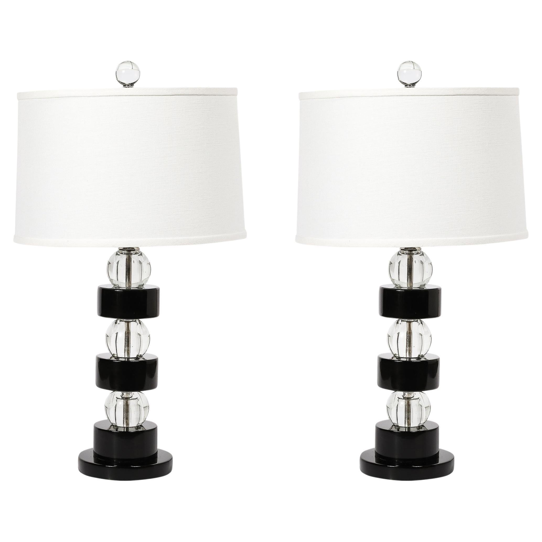 Pair of Art Deco Stacked Black Lacquer & Glass Ball Table Lamps by Russel Wright For Sale