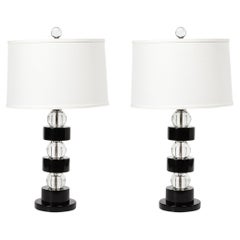 Pair of Art Deco Stacked Black Lacquer & Glass Ball Table Lamps by Russel Wright