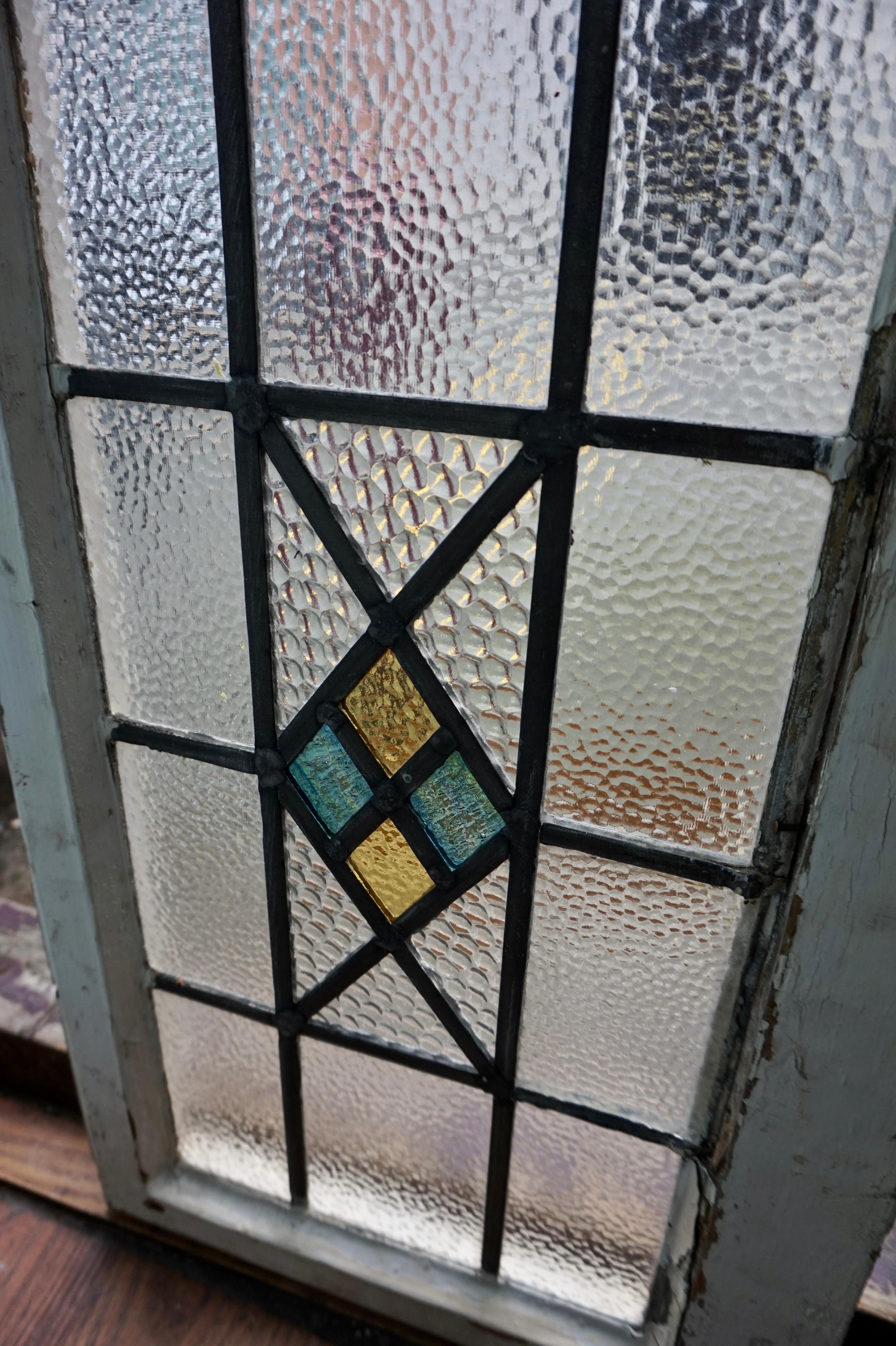 Pair of Art Deco Stained Glass Windows with Geometric Motif For Sale 3