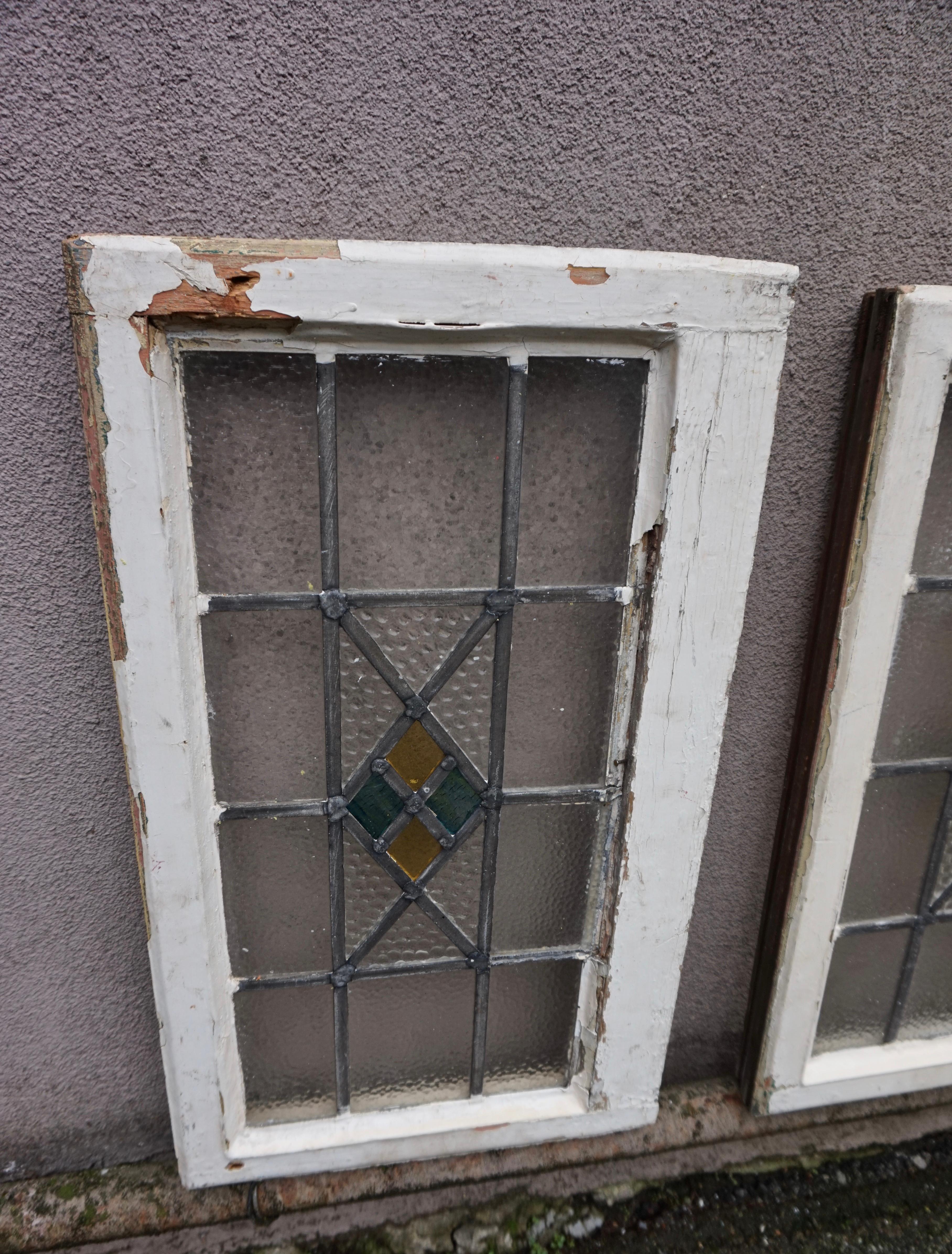 Pair of Art Deco Stained Glass Windows with Geometric Motif For Sale 6