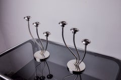 Pair of art deco stainless steel 3-flame candlesticks, Spain, 1970