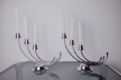 Pair of art deco stainless steel 3-flame candlesticks, Spain, 1970