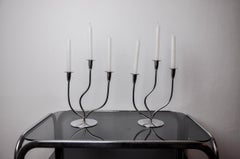 Pair of art deco stainless steel 3-flame candlesticks, Spain, 1970