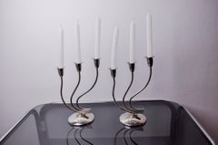 Pair of art deco stainless steel 3-flame candlesticks, Spain, 1970