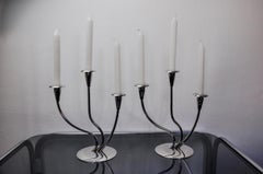 Pair of art deco stainless steel 3-flame candlesticks, Spain, 1970