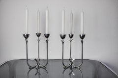 Coppia di candelabri a 3 fiamme in acciaio inox art déco, Spagna, 1970