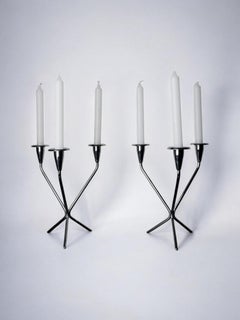 Pair of art deco stainless steel 3-flame candlesticks, Spain, 1970