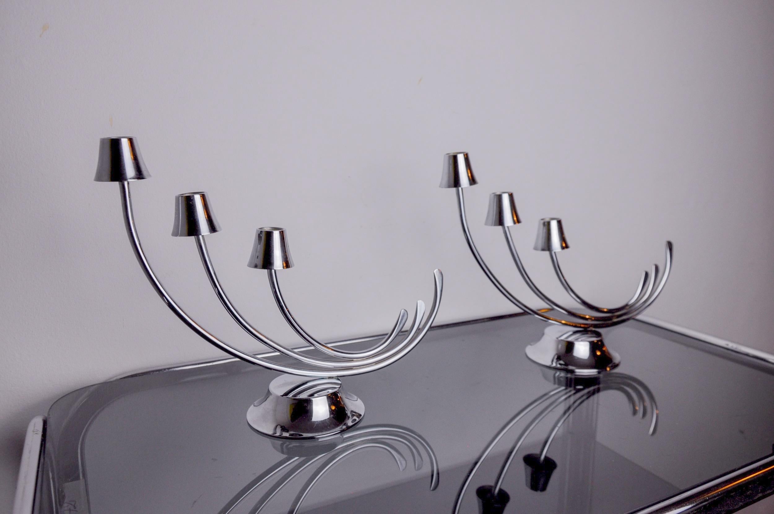 Spanish Pair of art deco stainless steel 3-flame candlesticks, Spain, 1970 For Sale