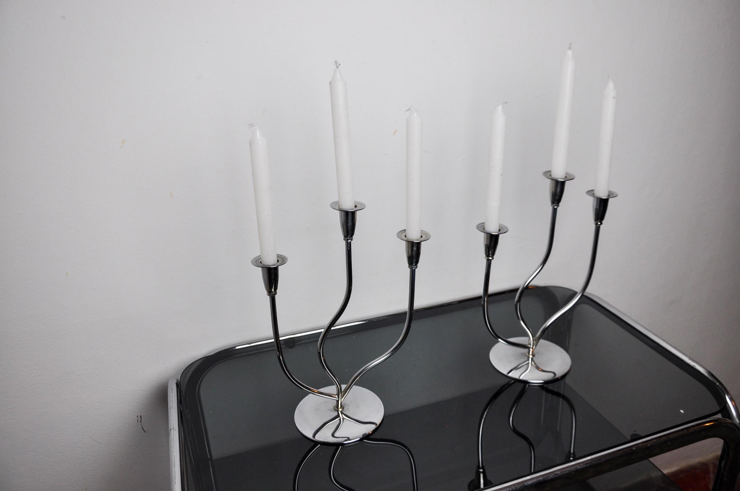 Pair of art deco stainless steel 3-flame candlesticks, Spain, 1970 In Good Condition For Sale In BARCELONA, ES