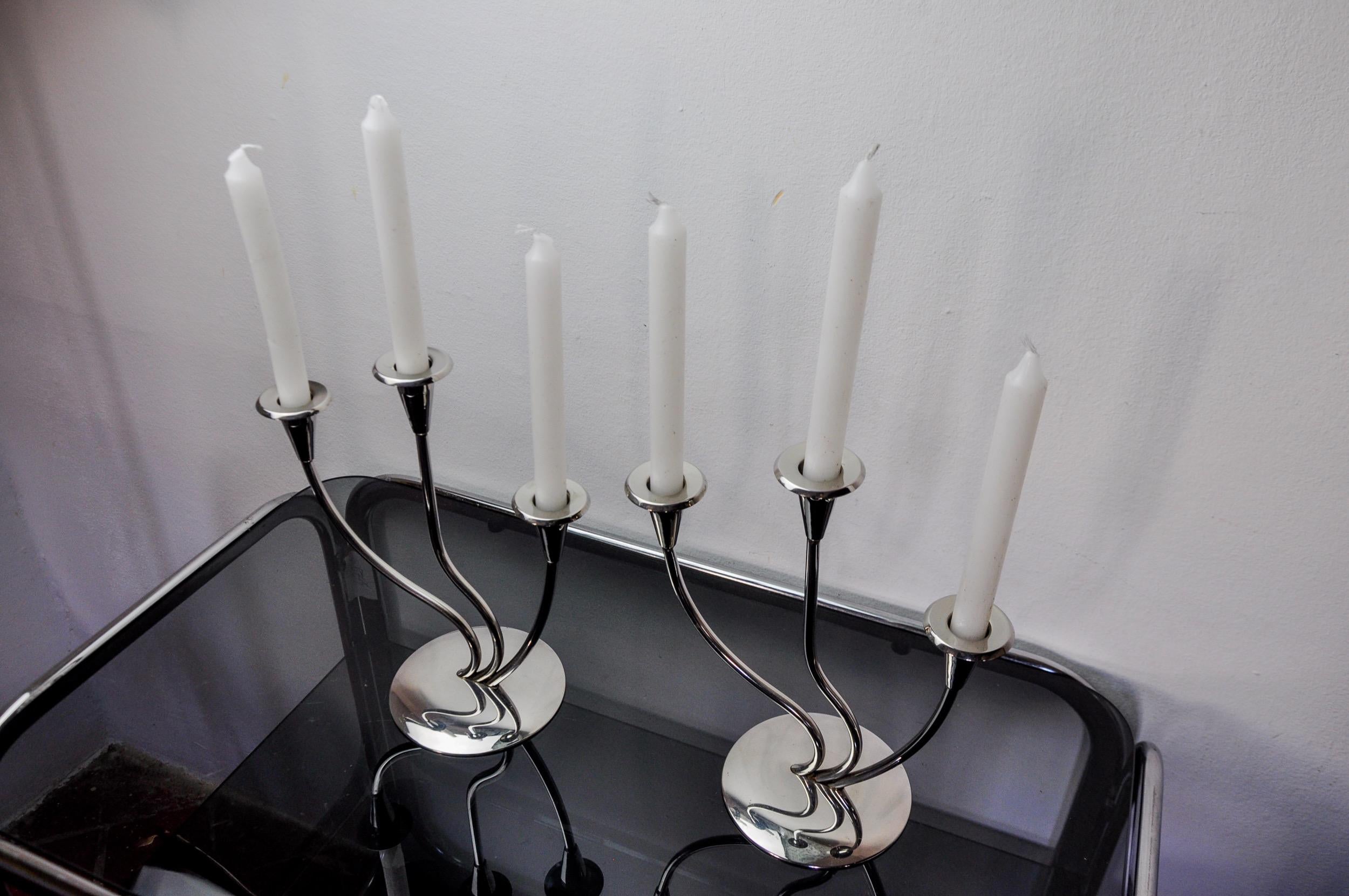 Pair of art deco stainless steel 3-flame candlesticks, Spain, 1970 In Good Condition For Sale In BARCELONA, ES