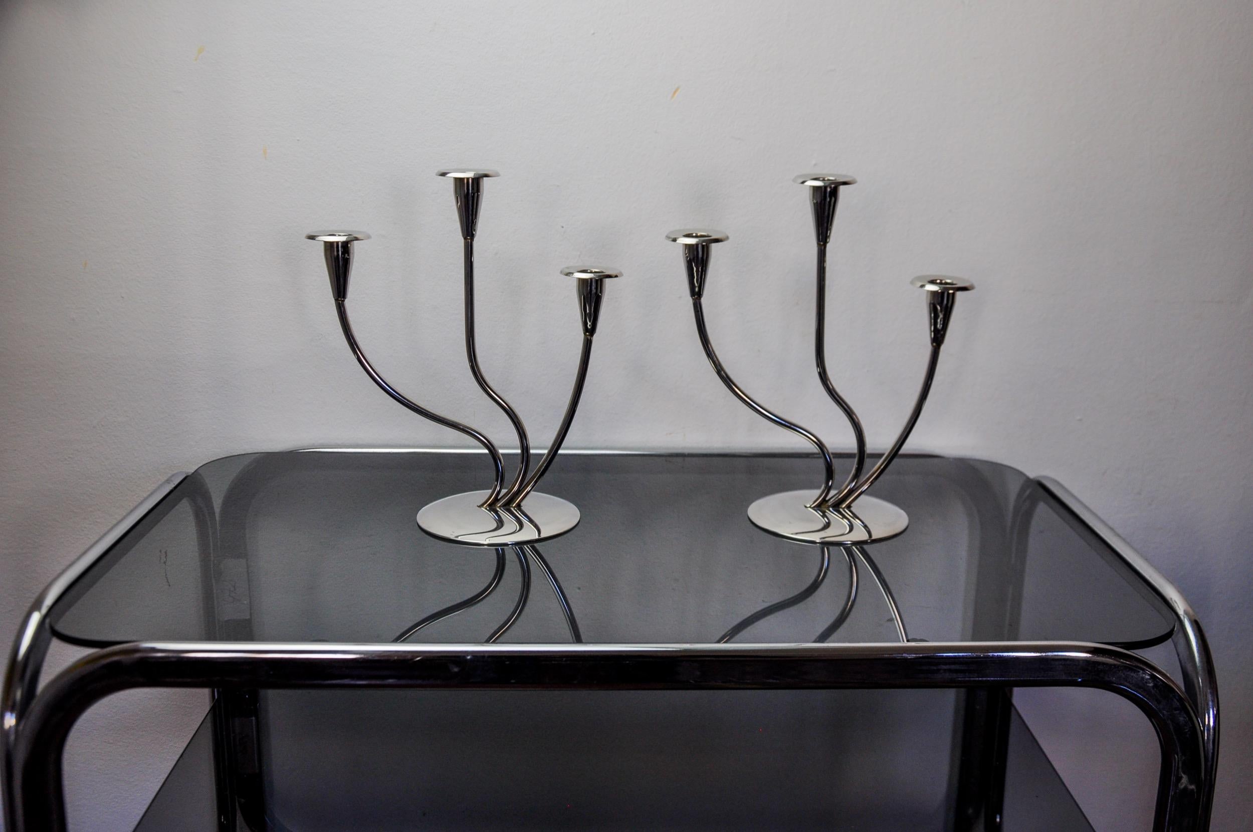 Late 20th Century Pair of art deco stainless steel 3-flame candlesticks, Spain, 1970 For Sale