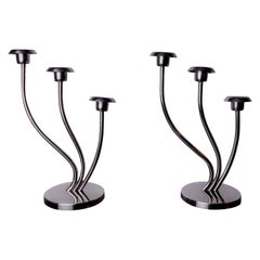 Coppia di candelabri a 3 fiamme in acciaio inox art déco, Spagna, 1970
