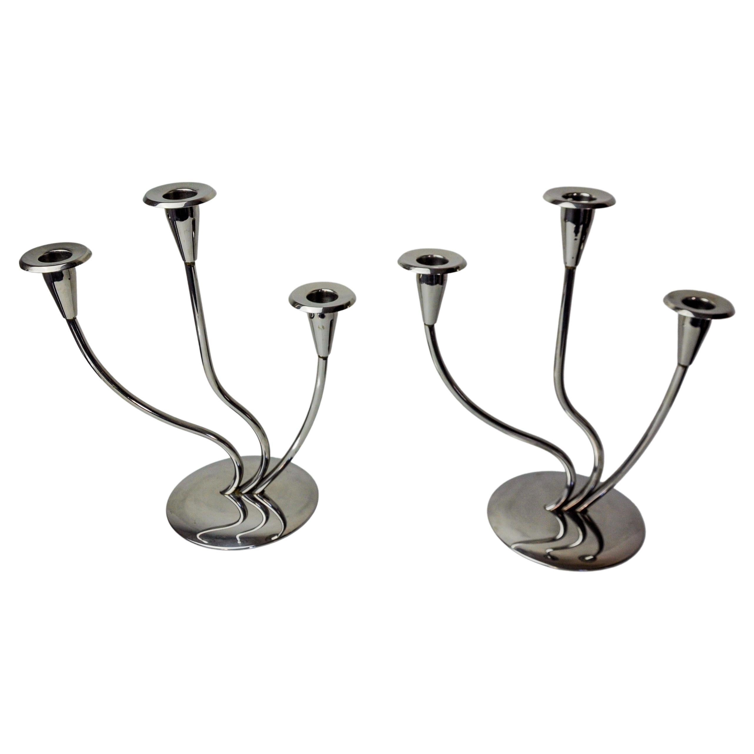 Pair of art deco stainless steel 3-flame candlesticks, Spain, 1970 For Sale