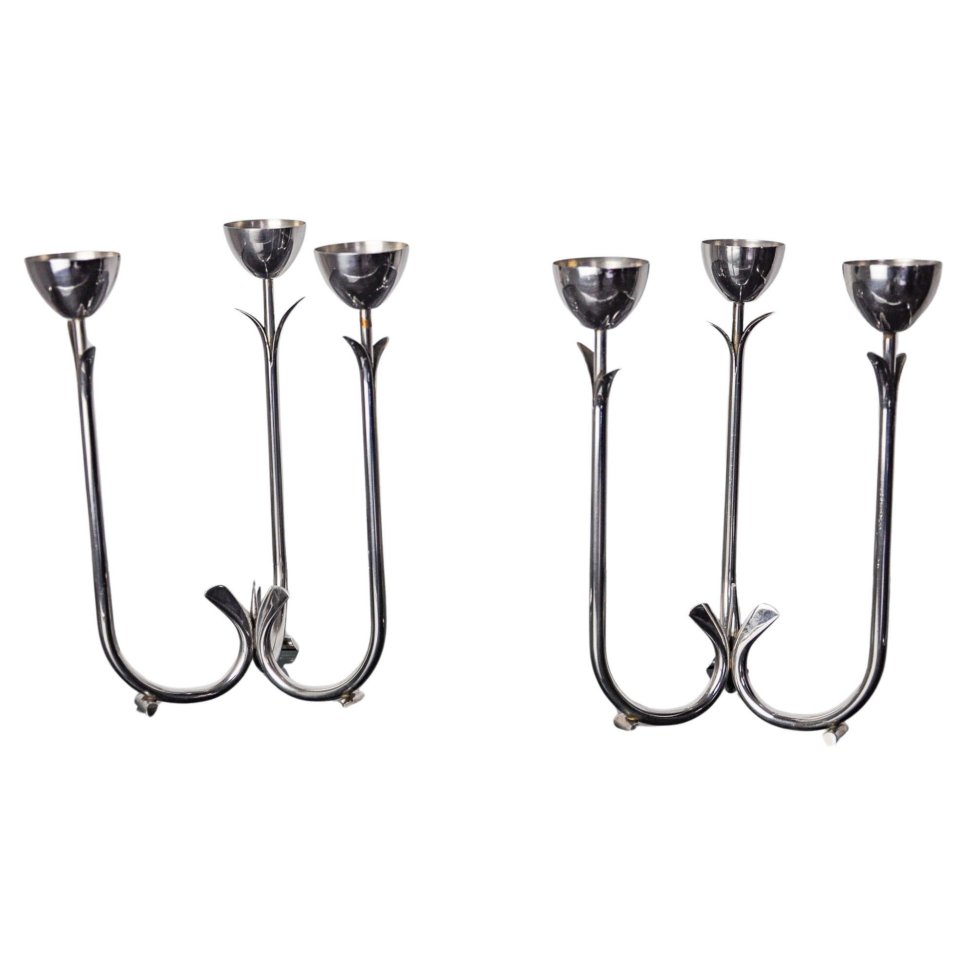 Pair of art deco stainless steel 3-flame candlesticks, Spain, 1970