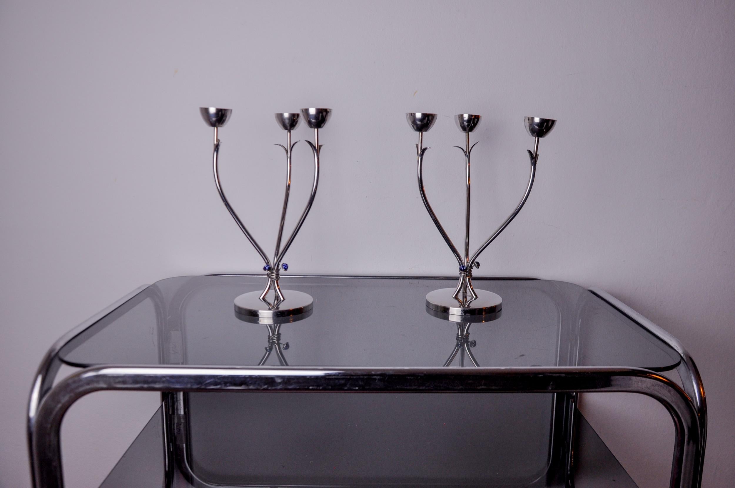Pair of art deco stainless steel candlesticks with 3 flames and blue For Sale 2