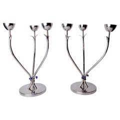 Vintage Pair of art deco stainless steel candlesticks with 3 flames and blue