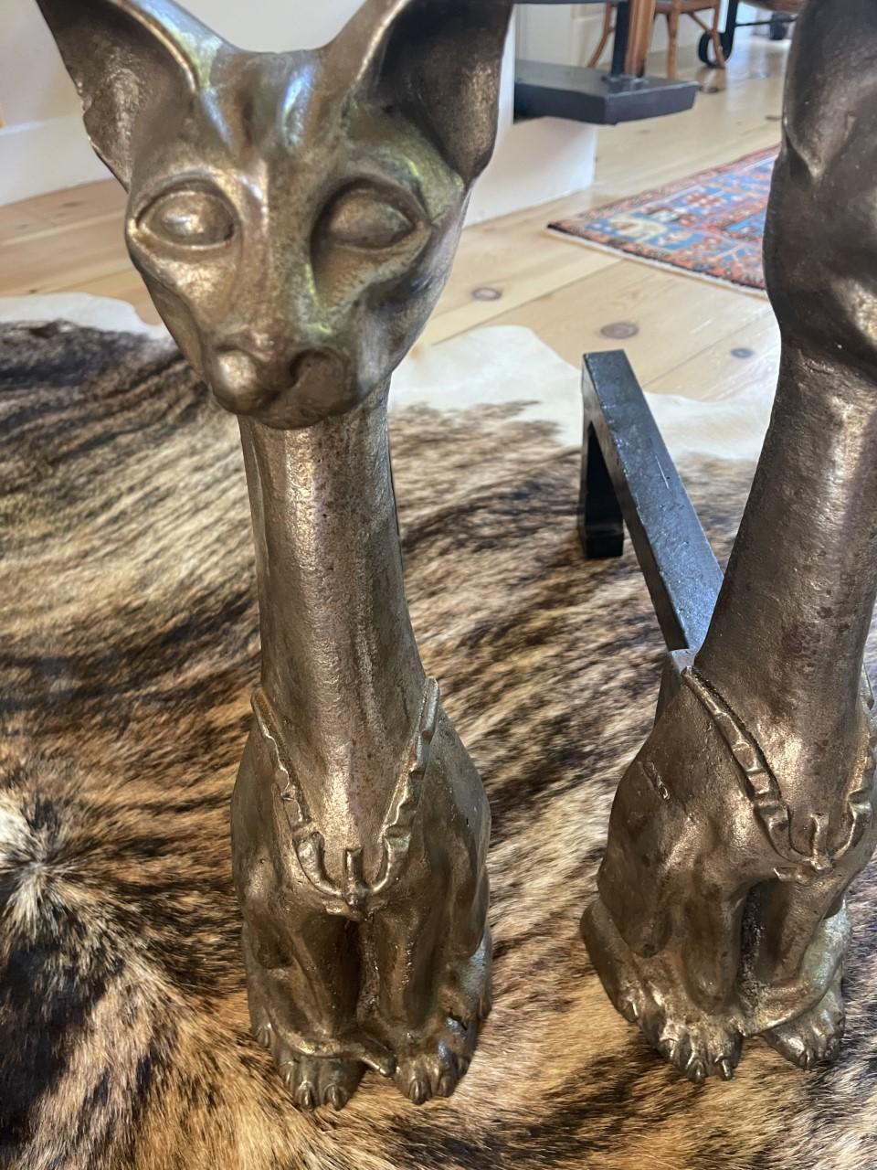 Pair of Art Deco Standing Cat Andirons In Good Condition For Sale In Bellport, NY
