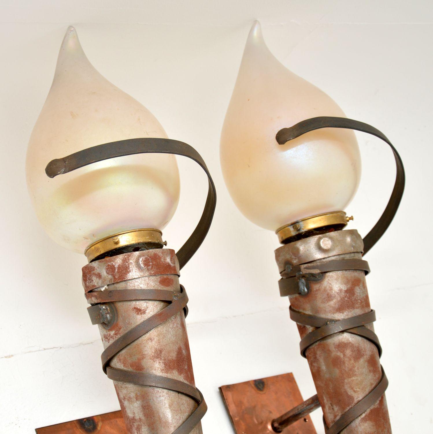 Neoclassical Pair of Art Deco Steel, Copper and Glass Wall Sconce Lamps