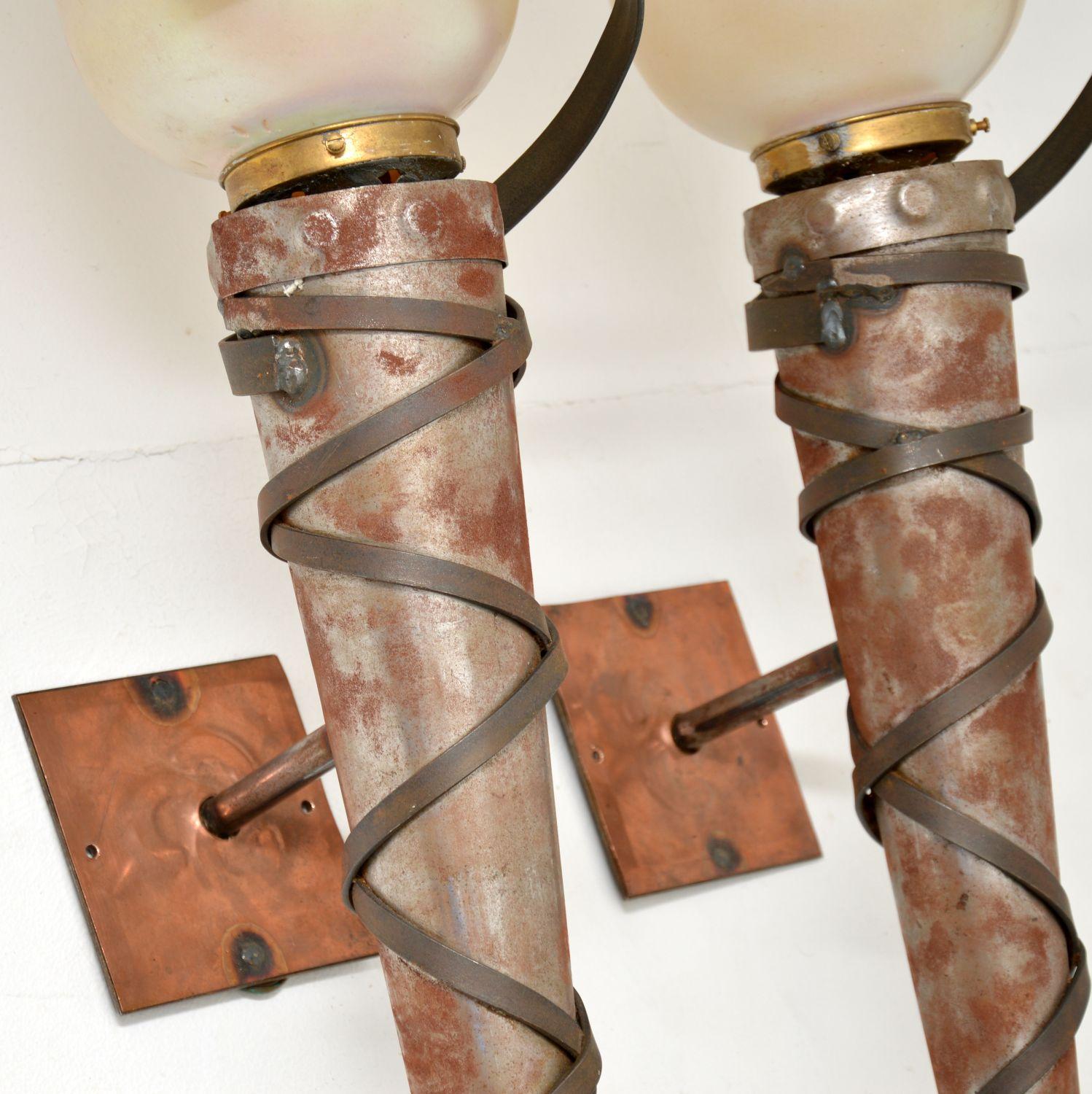 Pair of Art Deco Steel, Copper and Glass Wall Sconce Lamps In Good Condition In London, GB