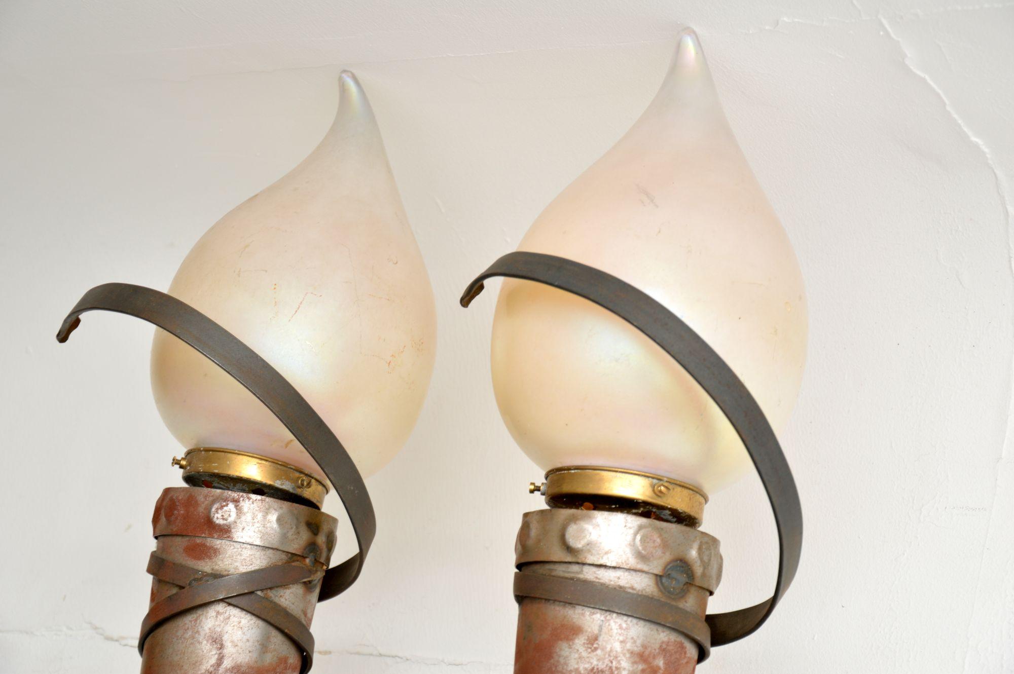 English Pair of Art Deco Steel, Copper and Glass Wall Sconce Lamps