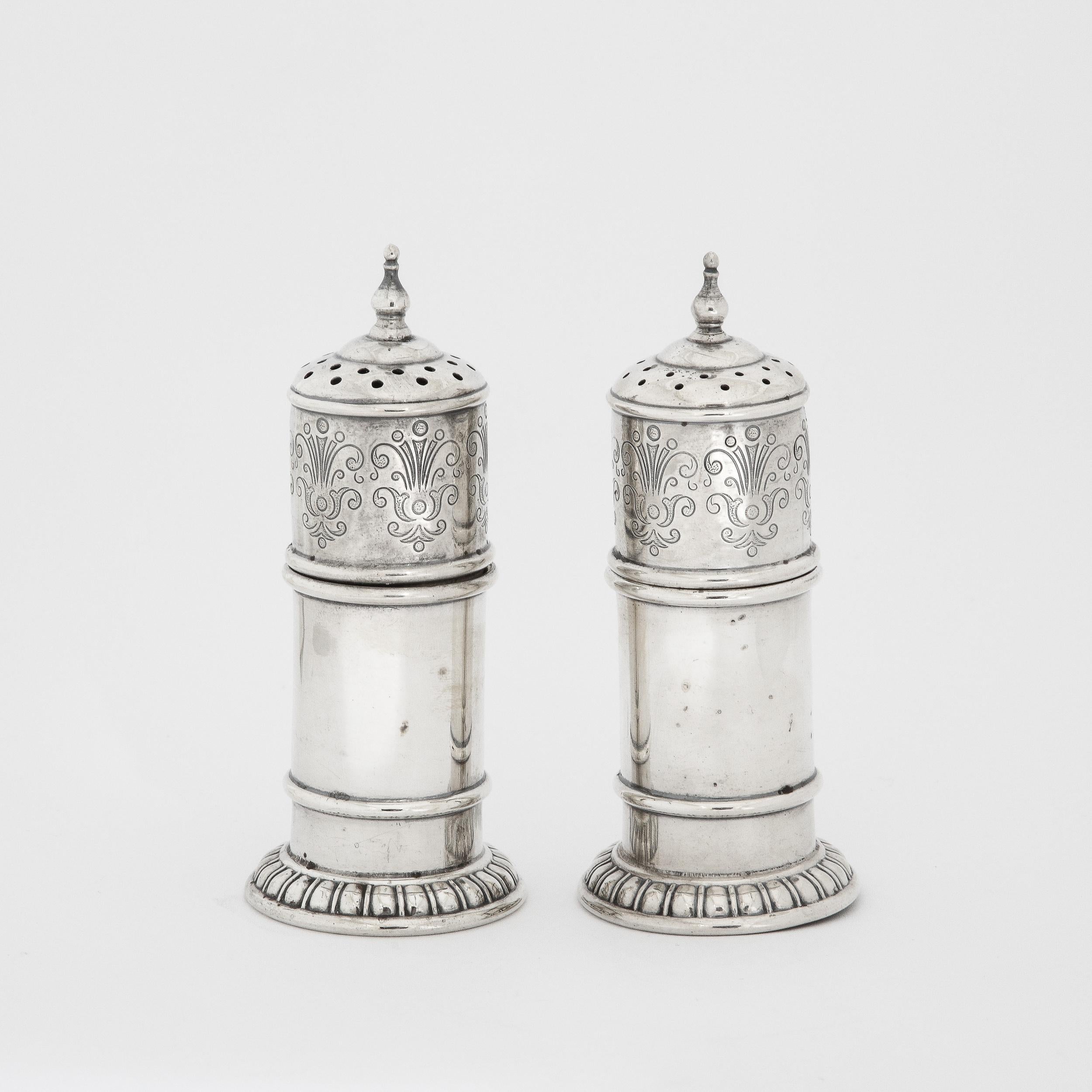 Hand-Carved Pair of Art Deco Sterling Salt and Pepper Shakers by Rogers, Lunt and Bowlen Co. For Sale