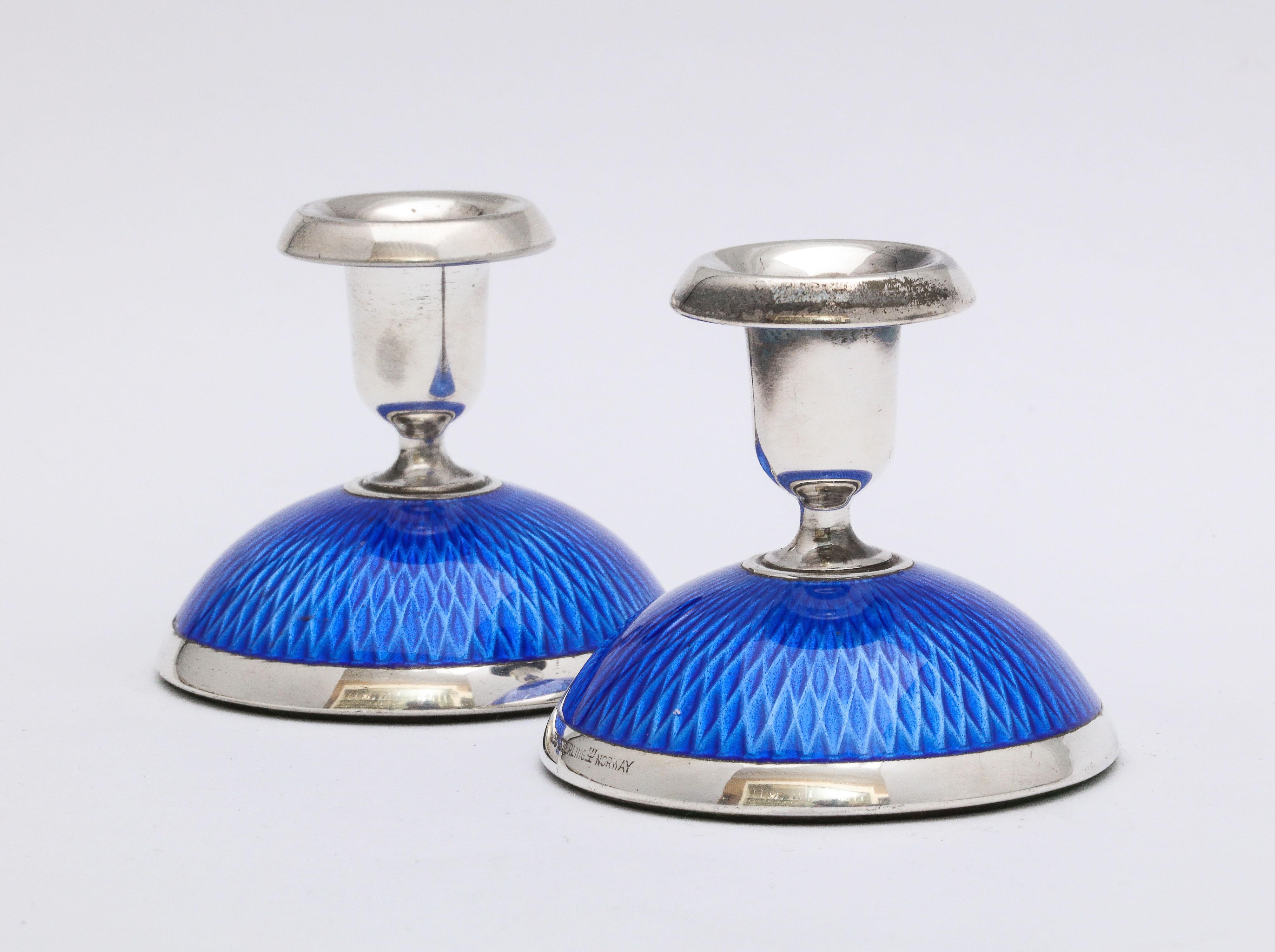 Pair of Art Deco Sterling Silver and Dark Blue Guilloche Enamel Candlesticks 5