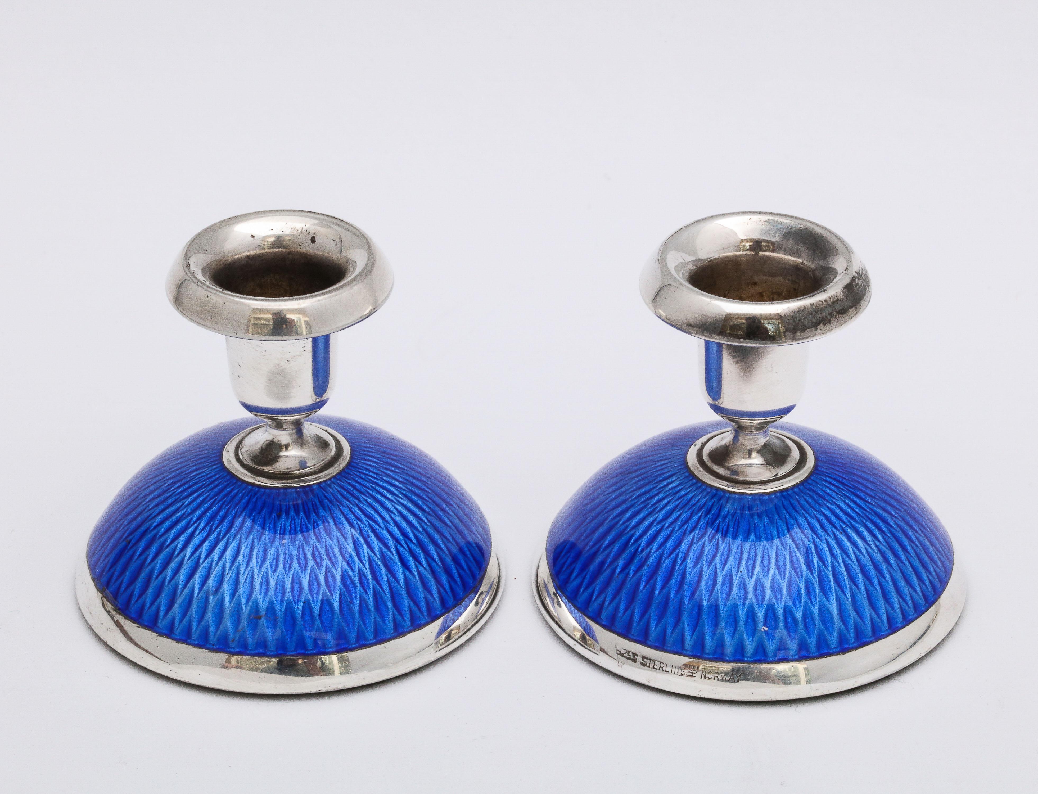 Pair of Art Deco Sterling Silver and Dark Blue Guilloche Enamel Candlesticks 6