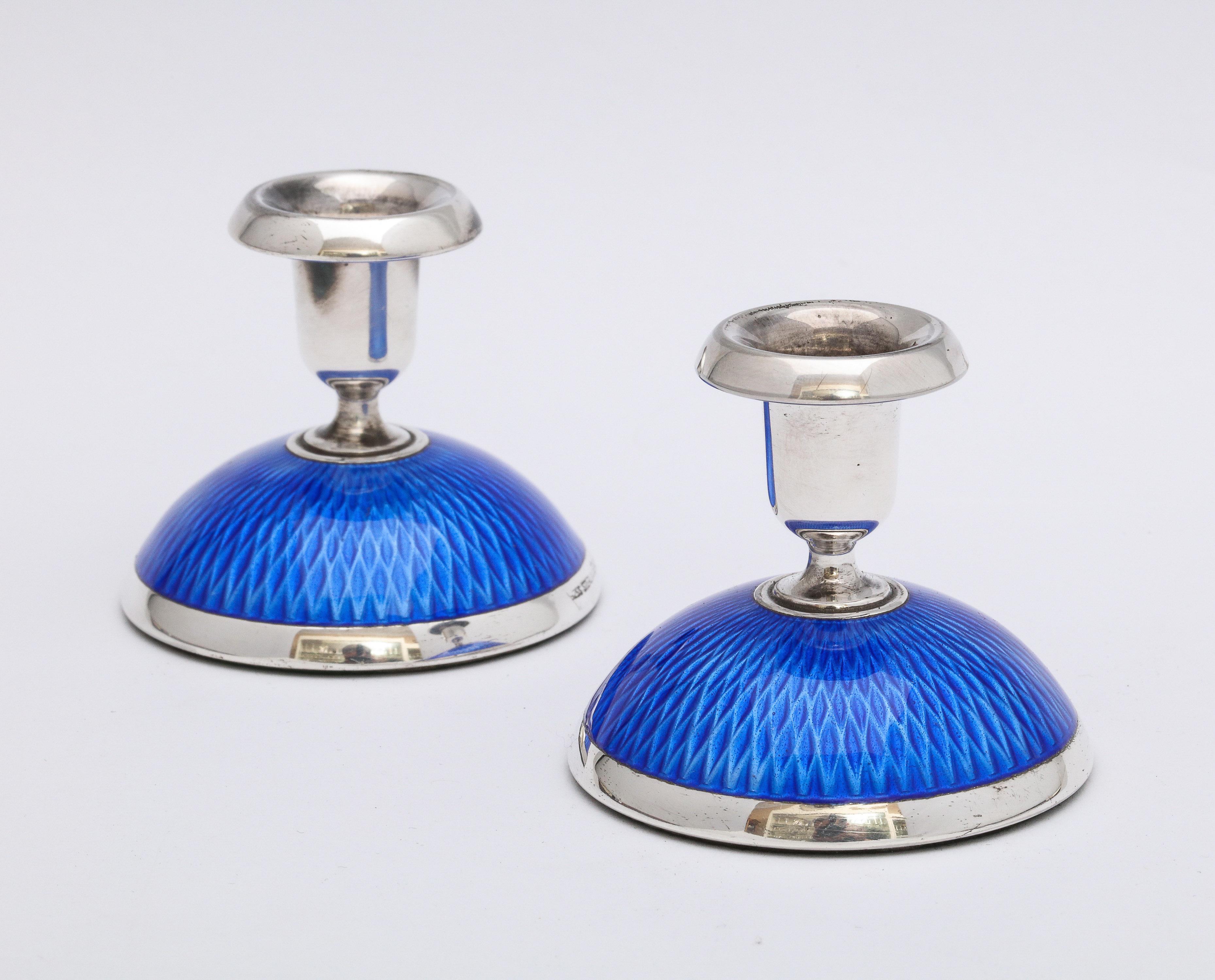 Pair of Art Deco Sterling Silver and Dark Blue Guilloche Enamel Candlesticks In Good Condition In New York, NY