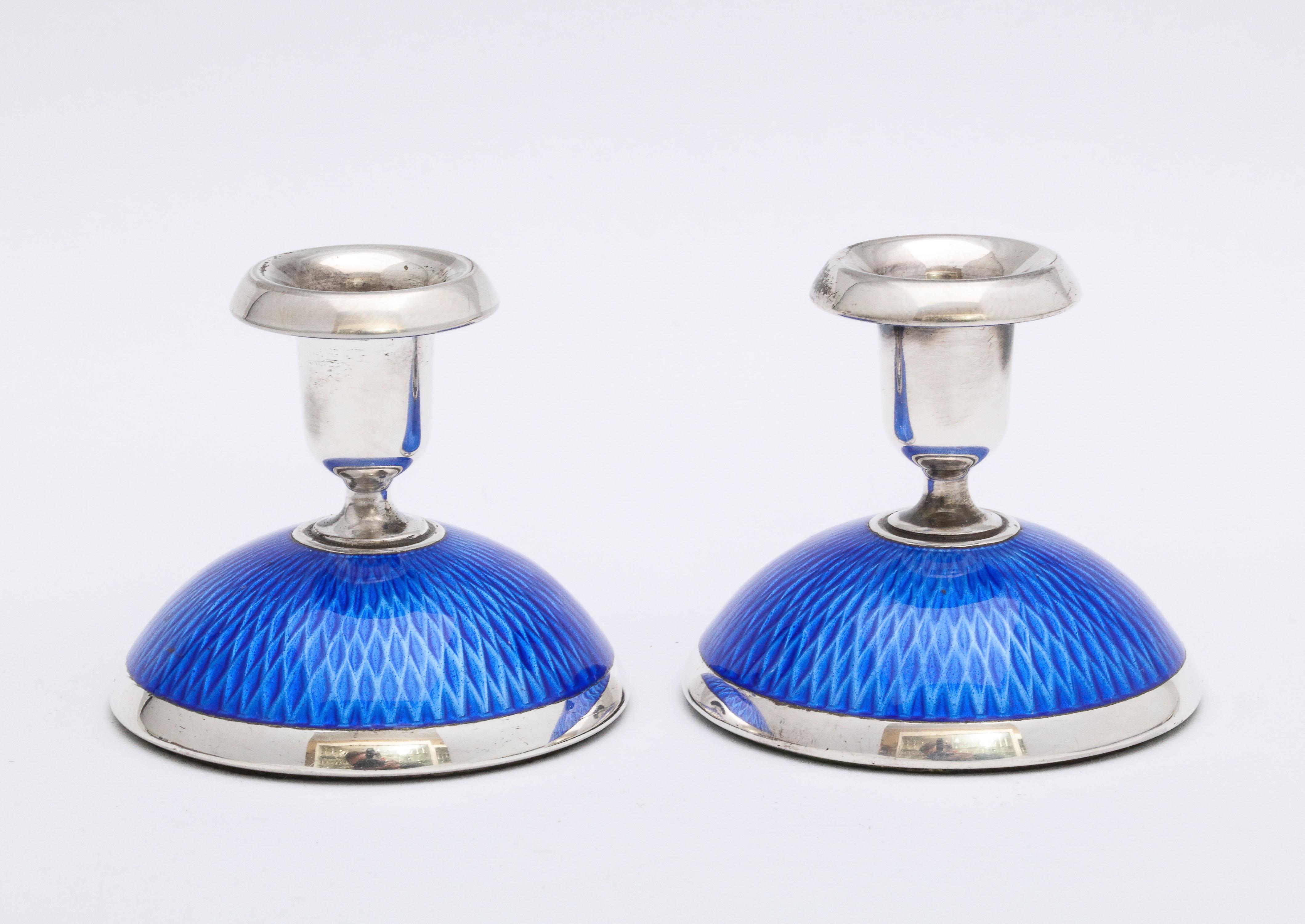 Pair of Art Deco Sterling Silver and Dark Blue Guilloche Enamel Candlesticks 2