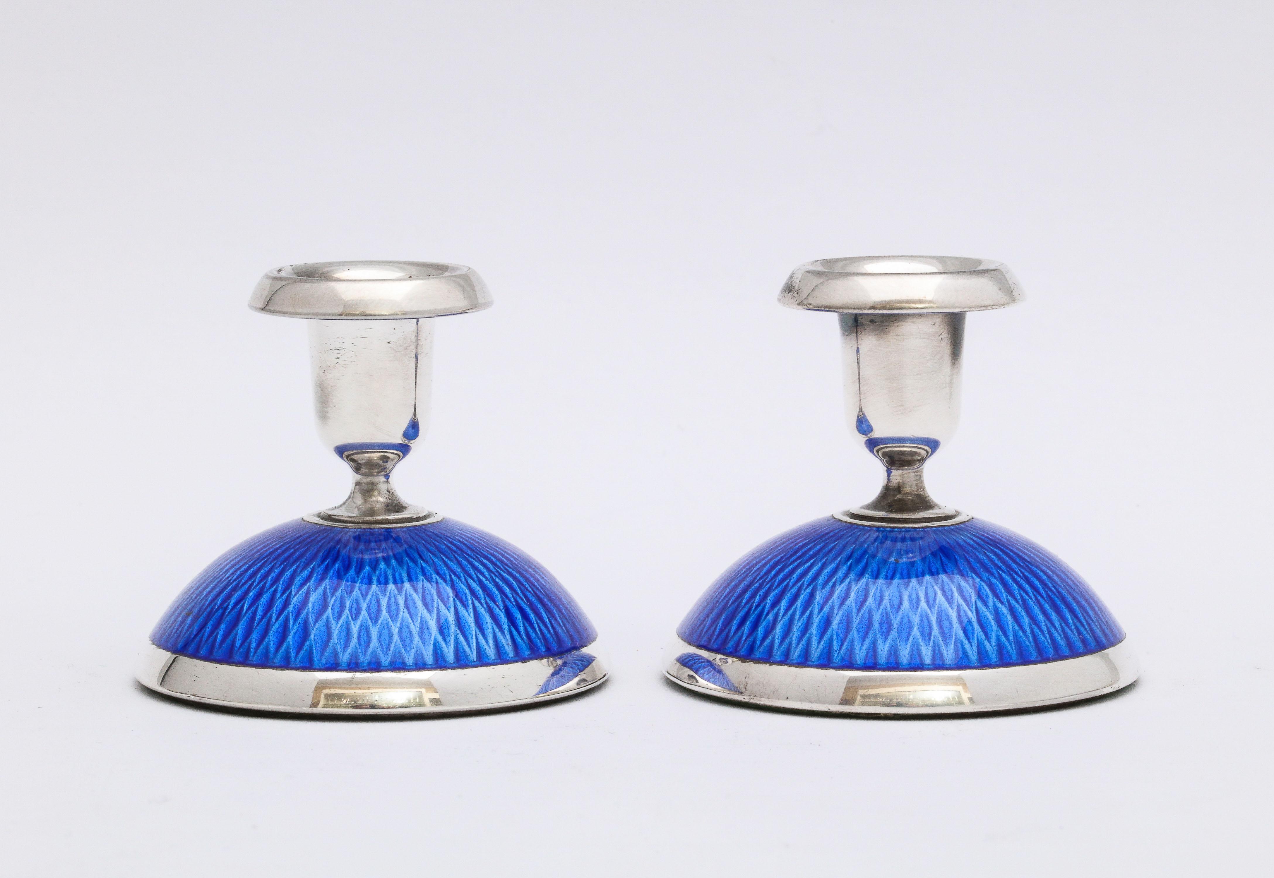 Pair of Art Deco Sterling Silver and Dark Blue Guilloche Enamel Candlesticks 3