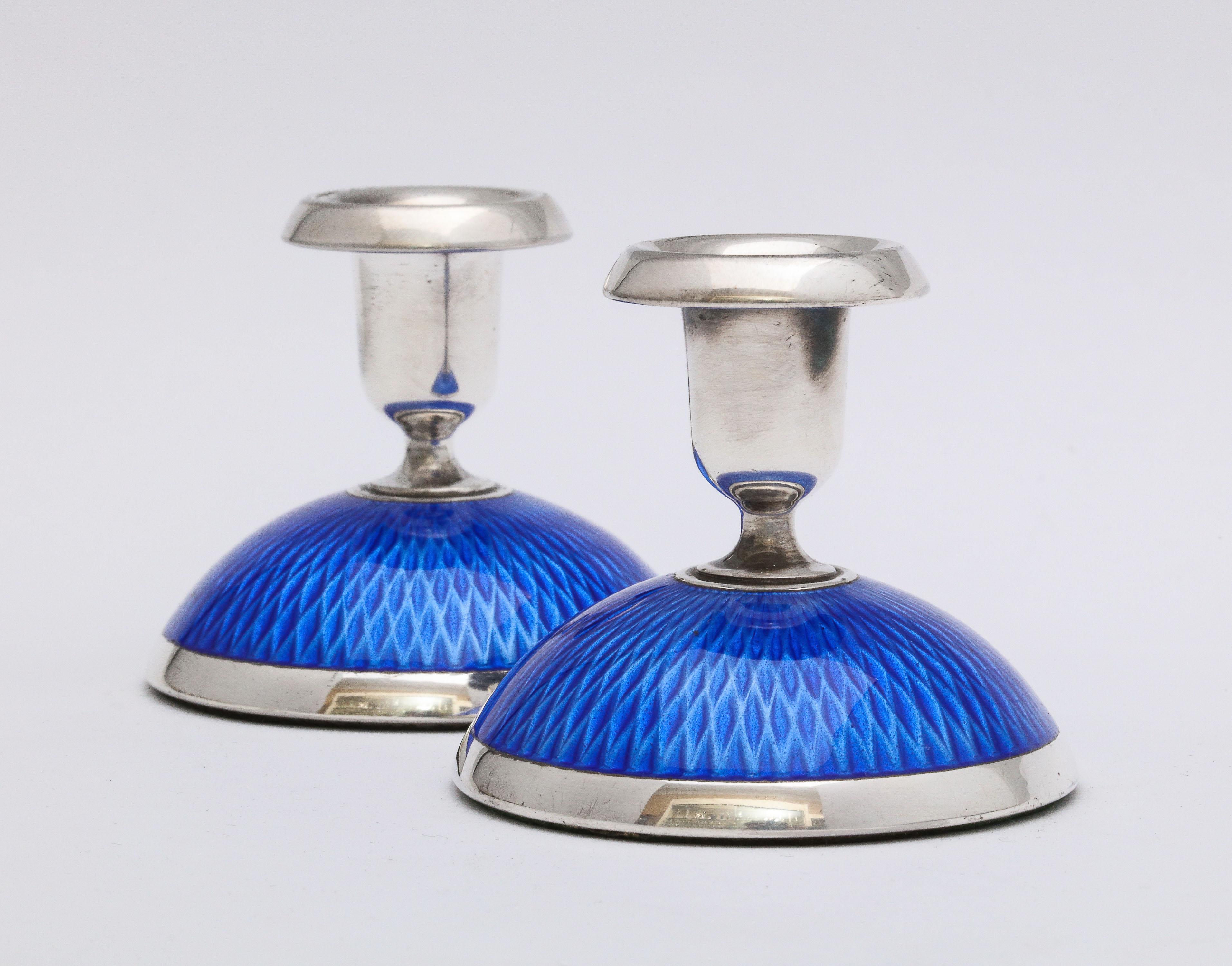 Pair of Art Deco Sterling Silver and Dark Blue Guilloche Enamel Candlesticks 4