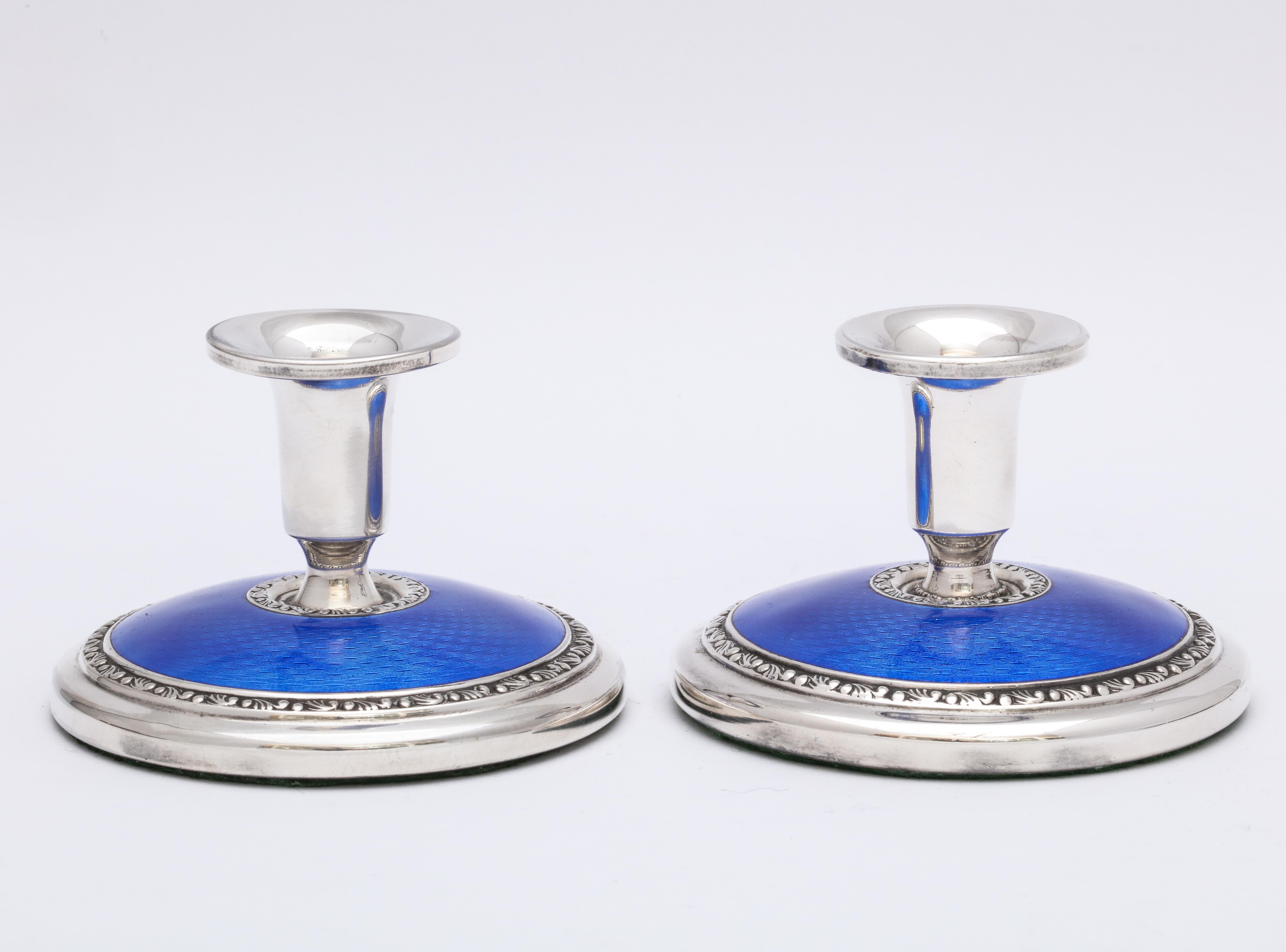 Pair of Art Deco Sterling Silver and Deep Blue Guilloche Enamel Candlesticks 5