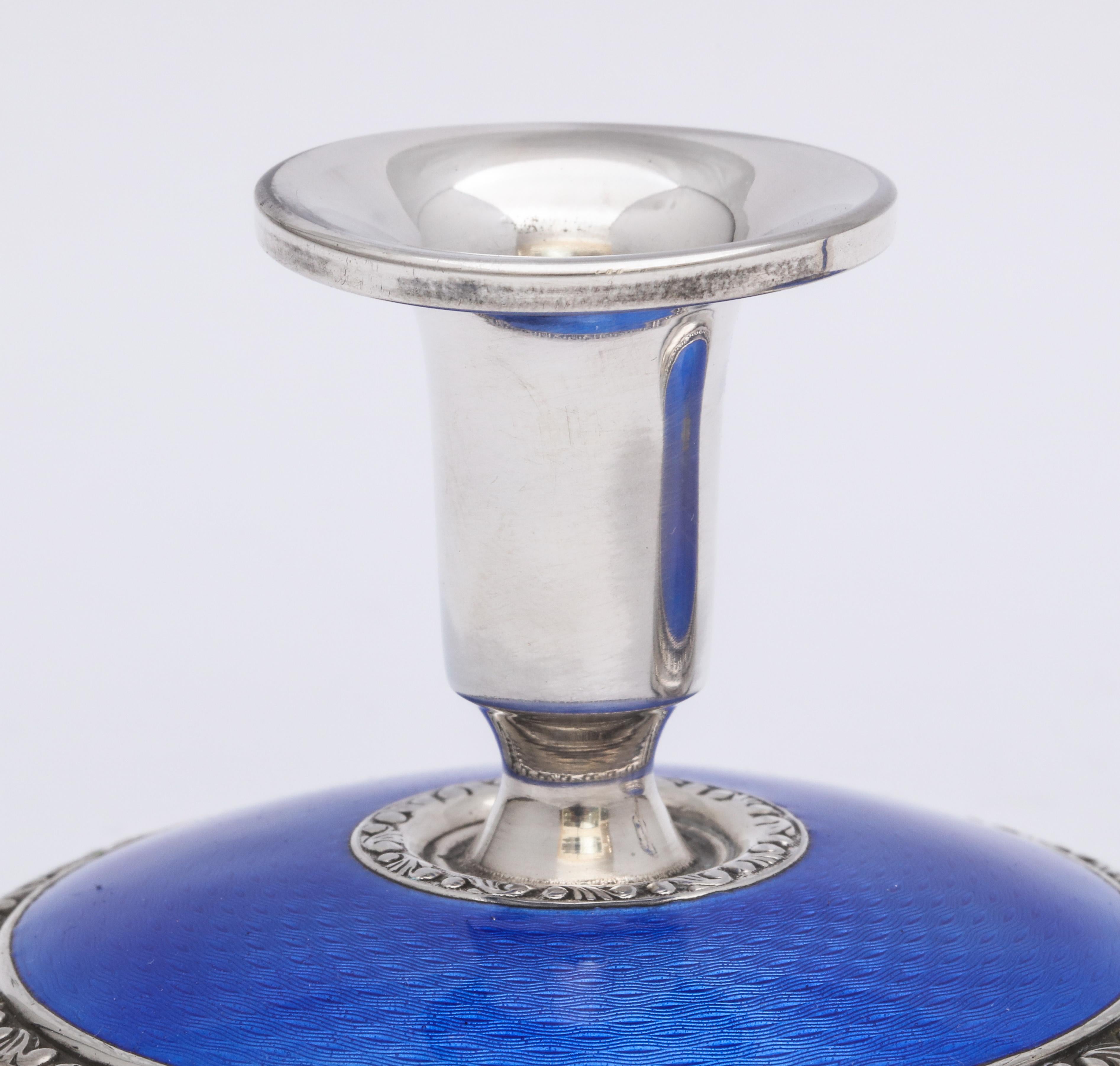 Pair of Art Deco Sterling Silver and Deep Blue Guilloche Enamel Candlesticks 6