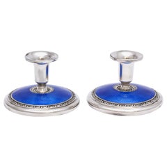 Pair of Art Deco Sterling Silver and Deep Blue Guilloche Enamel Candlesticks