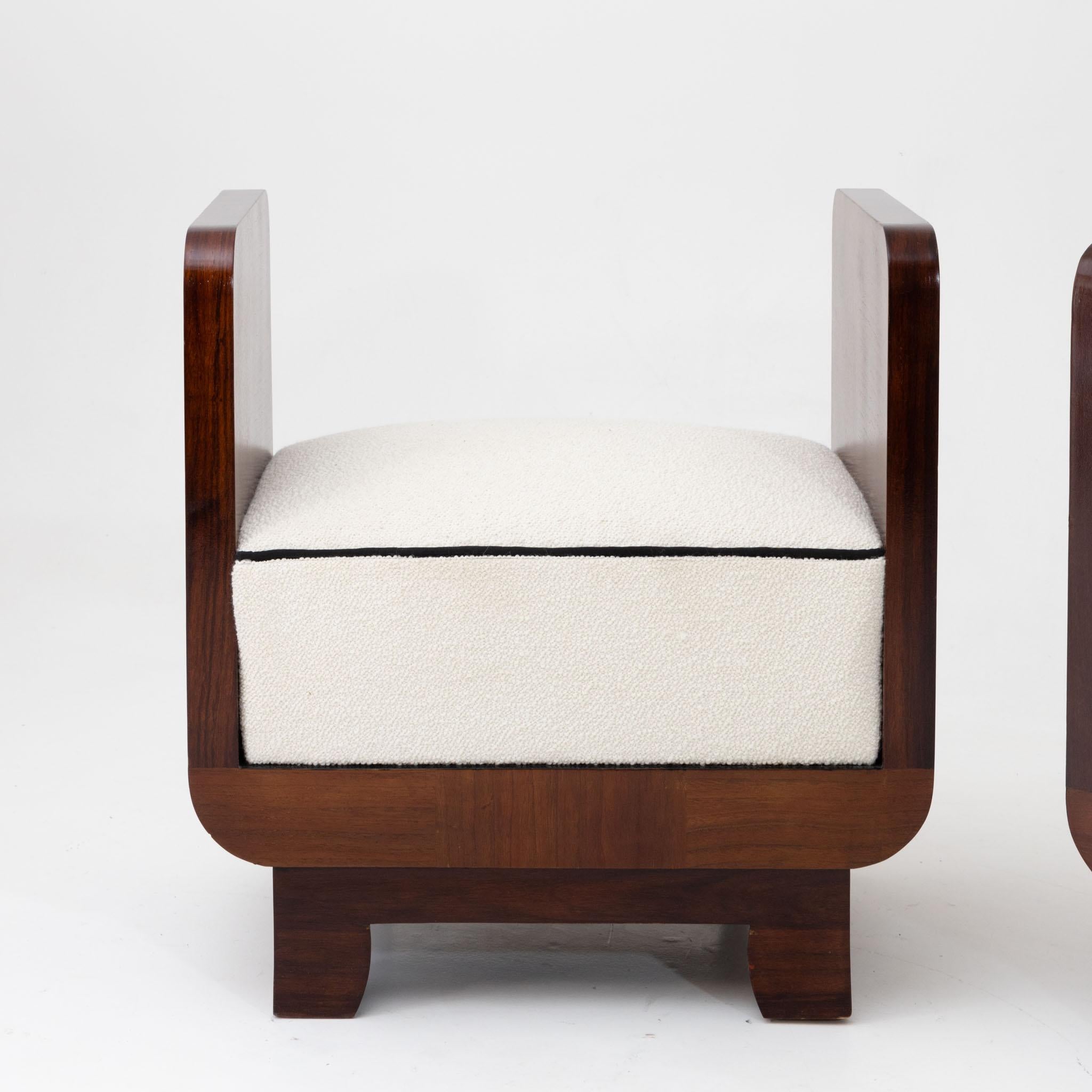 A pair of Art Deco wood stools. Featuring marquetry patterned sides.