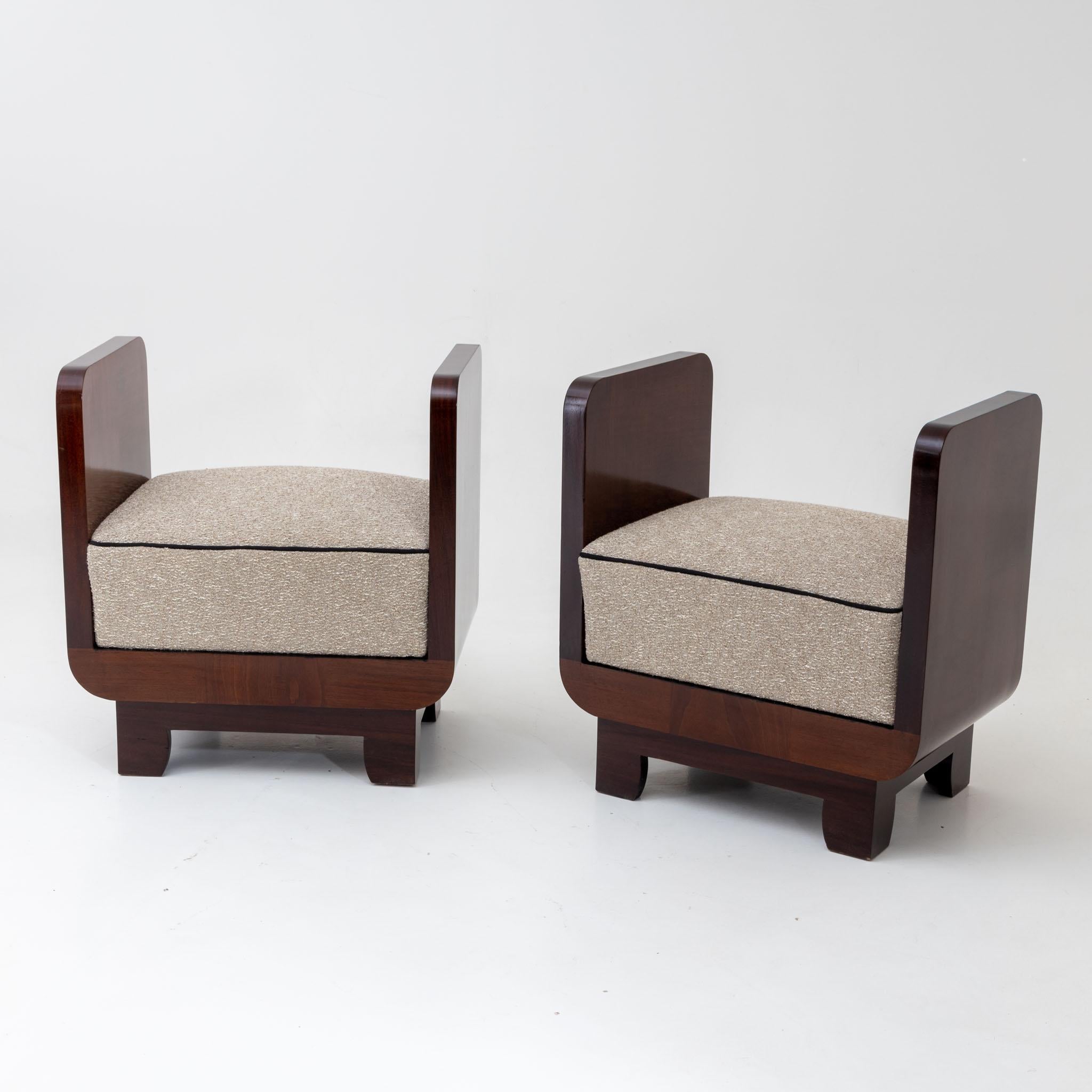 A pair of Art Deco wood stools. 
Featuring marquetry patterned sides.
