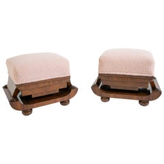 Antique Pair of Art Deco Stools in Walnut Briar and Pink Bouclè