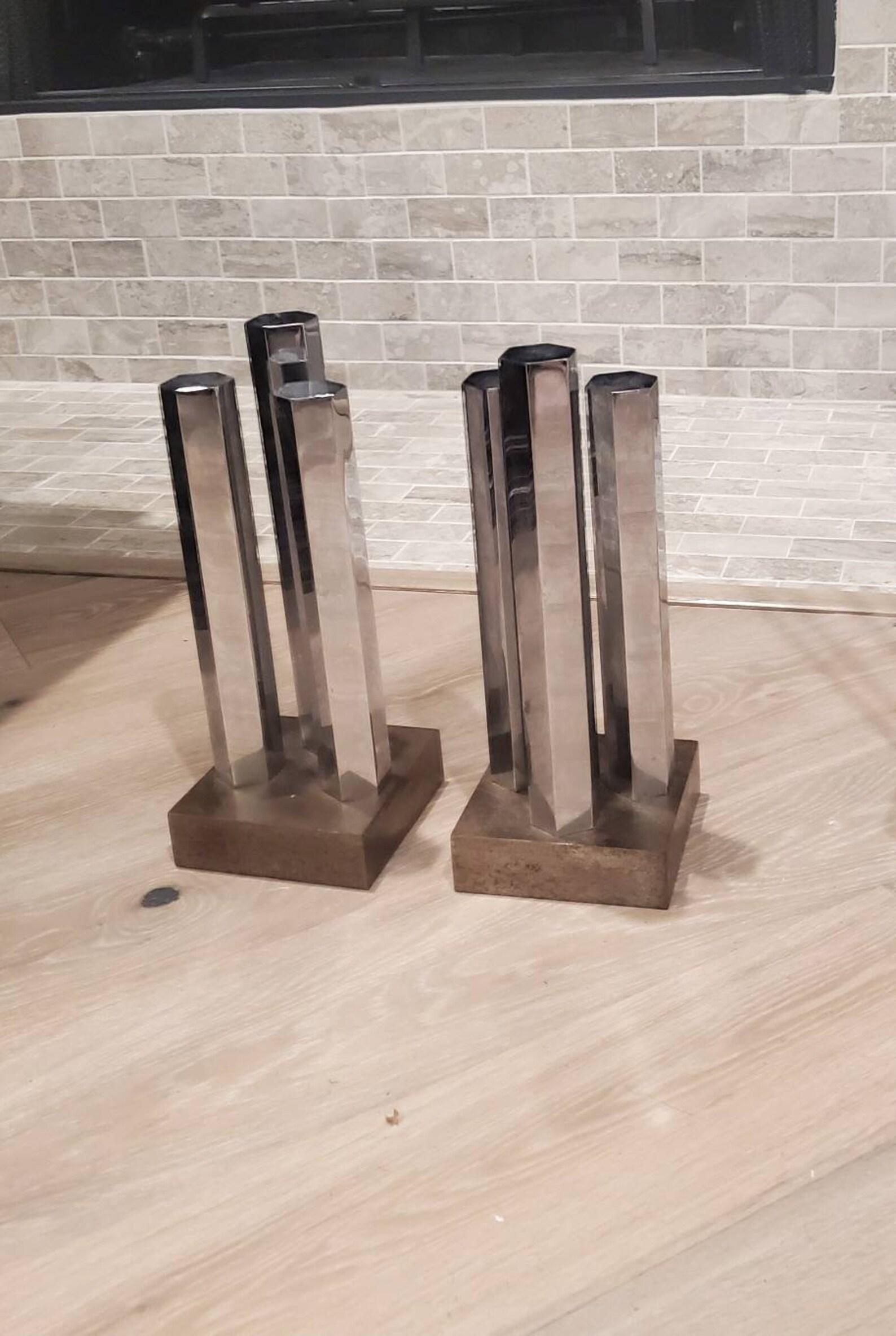 20th Century Pair of Art Deco Streamline Moderne Architectural Sculpture Andirons For Sale