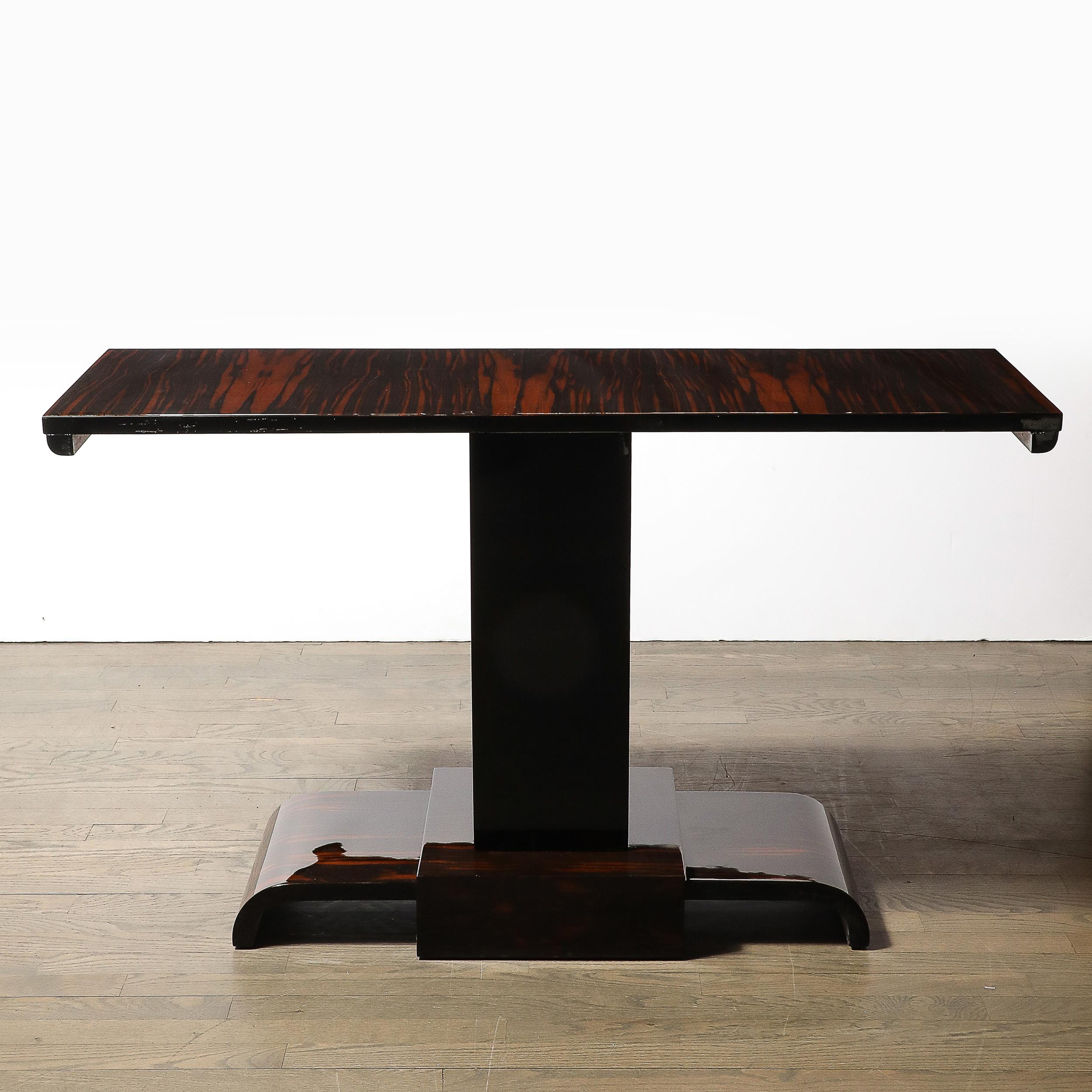 Pair of Art Deco Streamline Zebra Wood Console Tables W/ Black Lacquer Accents For Sale 8