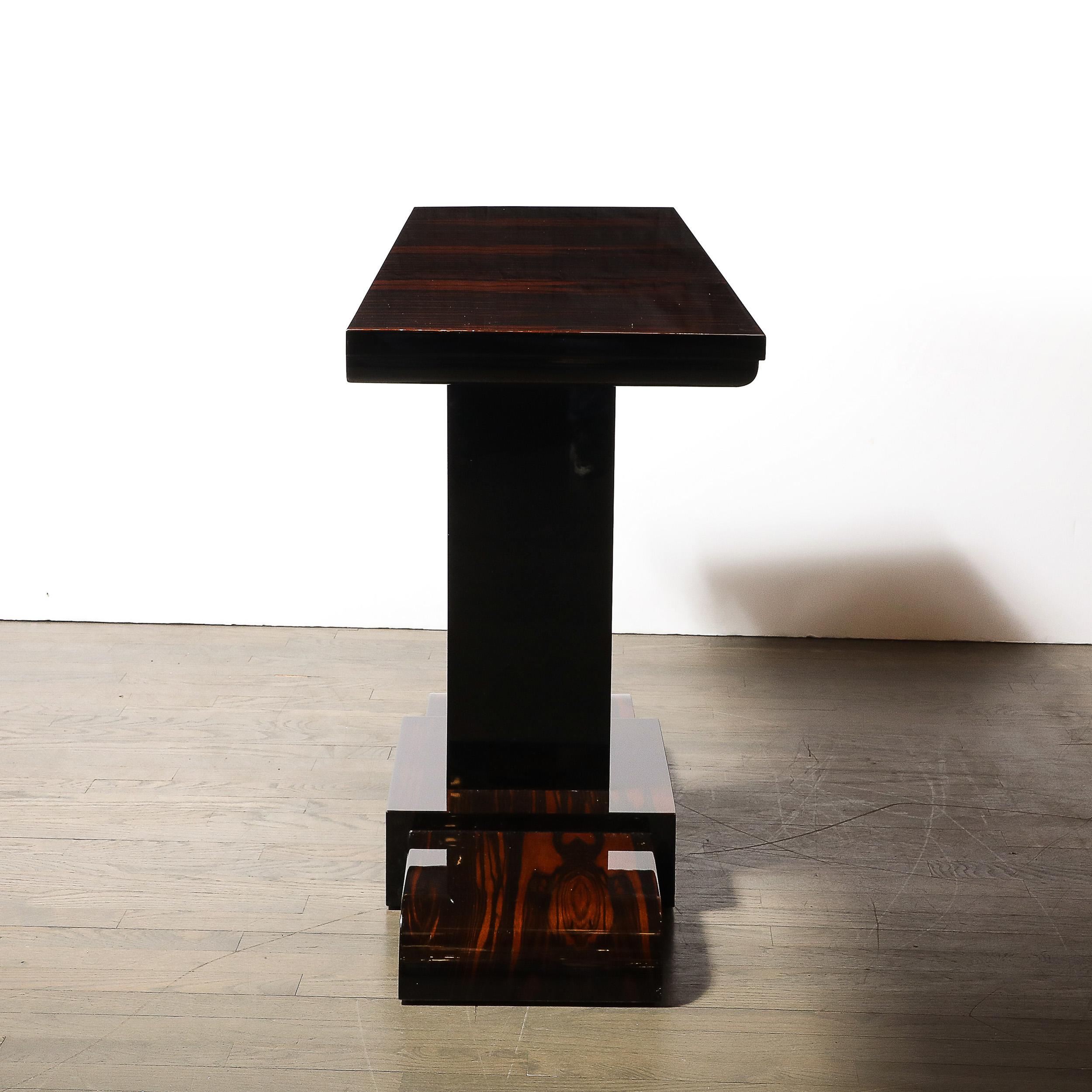 Pair of Art Deco Streamline Zebra Wood Console Tables W/ Black Lacquer Accents For Sale 9