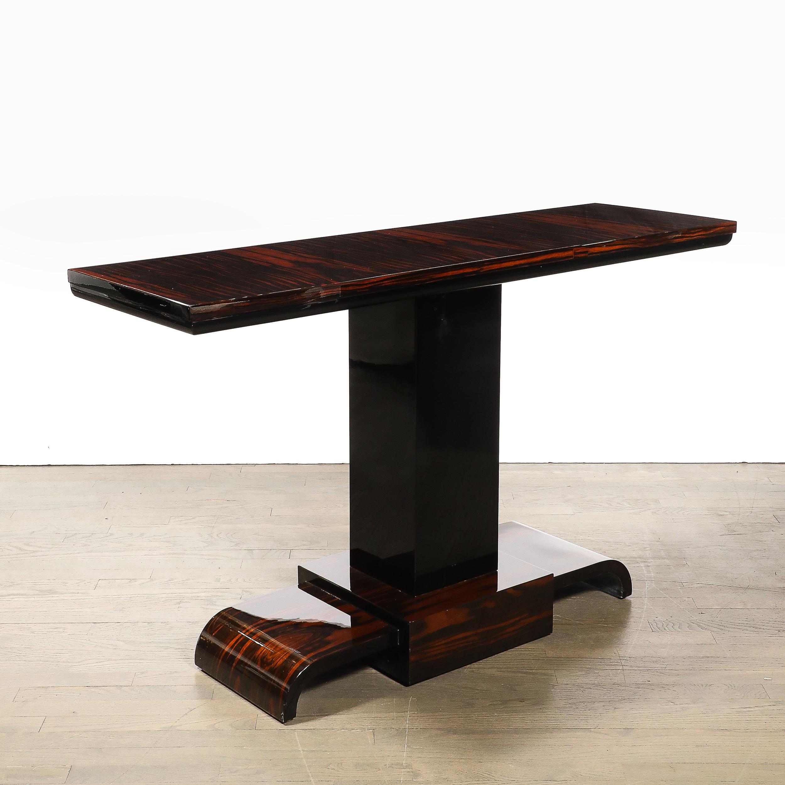 Pair of Art Deco Streamline Zebra Wood Console Tables W/ Black Lacquer Accents For Sale 11